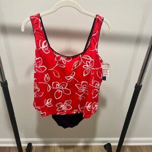 Red Floral & Blue Bottom One-Piece Swimsuit